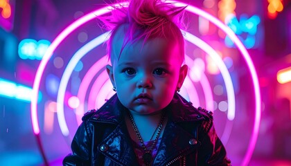 A baby with a pink mohawk and leather jacket in a vibrant neon cyberpunk city.