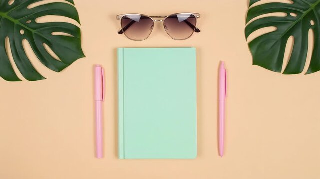 Overhead shot of sunglasses, a mint notebook, pink pens, and large green leaves on a beige surface