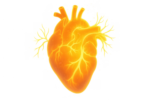 Glowing human heart representing strong passion, fiery energy, power, life, and love on transparent background - Powered by Adobe