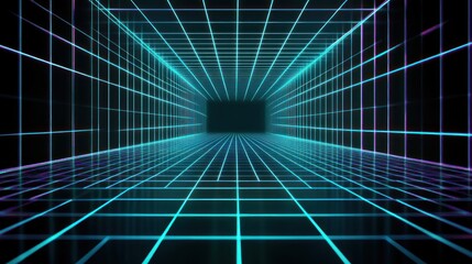Glowing neon grid tunnel with blue and purple lines creating a futuristic digital corridor and a sense of infinite depth