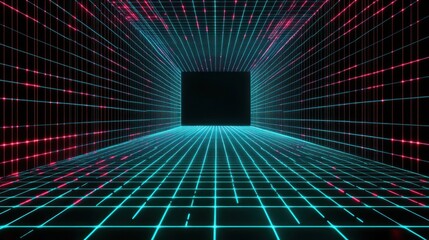 Empty futuristic tunnel with glowing grid lines in neon blue and pink creating a 3D digital space with a dark square opening at the far end