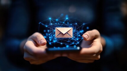 Close-up of hands holding a smartphone with a glowing digital envelope icon and network connections symbolizing email communication and technology