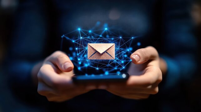Close-up of hands holding a smartphone with a glowing digital envelope icon and network connections symbolizing email communication and technology - Powered by Adobe