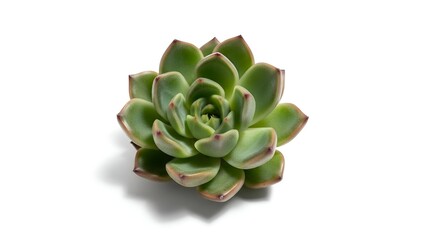 Overhead shot of a vibrant succulent plant with layered green leaves, white background