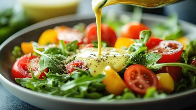Fresh green salad with cherry tomatoes and yellow bell peppers being drizzled with creamy dressing, vibrant and appetizing