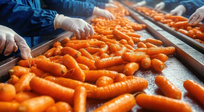 Workers wearing gloves sorting and processing fresh orange carrots on a conveyor belt in a clean facility with focused attention