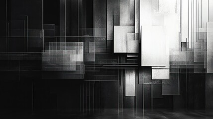 Abstract composition of overlapping translucent rectangles in grayscale with a layered three-dimensional effect and a futuristic, minimalistic atmosphere