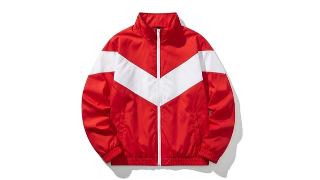 A red and white track jacket with a prominent chevron design against a white backdrop