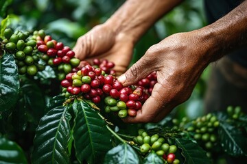 Close-up of hands harvesting ripe red and green coffee cherries from glossy green coffee plant leaves in a natural setting