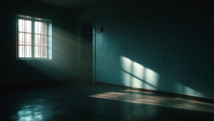Cinematic interior of an empty prison anime villain with sunlight streaming through a grated window, creating dramatic shadows