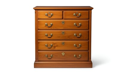 A polished wooden chest of drawers with brass handles and keyholes, standing on white