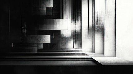 Abstract black and white composition with geometric layers and vertical light beams creating a sense of depth and contrast