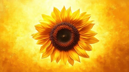 Bright yellow sunflower with detailed petals and dark brown center against a warm golden background evoking warmth and positivity