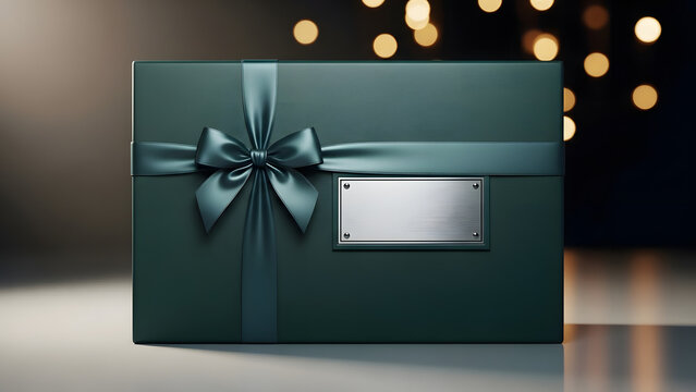 An elegant dark green gift box with a silk ribbon and a blank silver plaque, set against a backdrop of golden bokeh lights