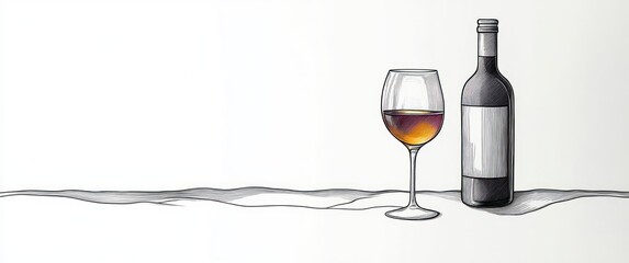 Minimalistic drawing of a wine bottle and a partially filled wine glass casting shadows on a white surface