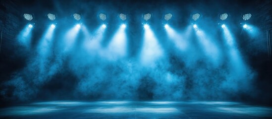 Empty stage illuminated by multiple bright blue spotlights with visible atmospheric smoke creating a dramatic and mysterious ambiance