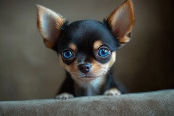 close-up of a small black and tan puppy with large ears and bright blue eyes looking curiously at the camera with a soft neutral background