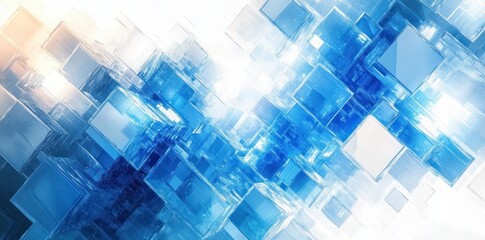 Abstract composition of overlapping translucent blue and white cubes arranged in a 3D geometric pattern with bright light reflections and shadows