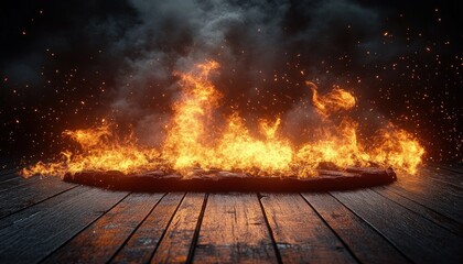 Bright orange flames rising from a circular fire pit on a wooden floor with dark smoke and scattered sparks in the background creating an intense and dynamic atmosphere