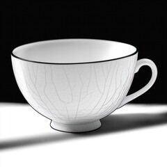 Close-up of a white ceramic teacup with a fine black rim and subtle crackle texture, casting a shadow on a white surface against a black background