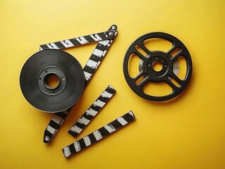 Vintage film reel and black and white striped film clapperboard strips placed on a bright yellow background evoking nostalgia and creativity