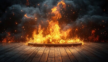 Intense bright orange flames burning on a circular platform surrounded by thick dark smoke and floating embers on a wooden floor