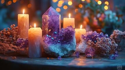 Glowing amethyst crystals surrounded by lit candles and dried flowers emitting a serene and mystical ambiance with soft warm lighting and bokeh background