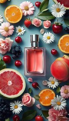Glass perfume bottle surrounded by various fresh fruits and flowers on a blue background, evoking a fresh and natural atmosphere