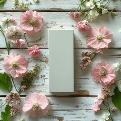 Delicate arrangement of soft pink and white flowers surrounding a rectangular blank white card on rustic whitewashed wooden background, conveying calm and elegance