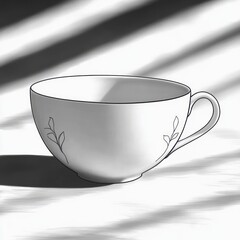 elegant white teacup with delicate leaf patterns casting soft shadows on a light surface with striped light beams