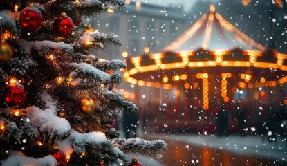Snowy Christmas tree with red and gold ornaments and warm glowing lights near a brightly lit carousel at a festive winter market with falling snowflakes