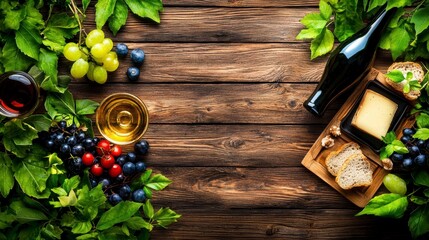 Wine, Cheese, and Grapes on Rustic Wooden Table