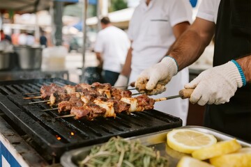 Grilling meat skewers on a barbecue grill at an outdoor food market