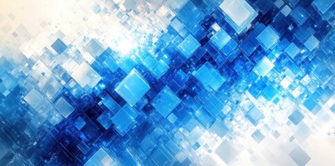 Abstract digital art featuring multiple translucent blue cubes in varying sizes floating and overlapping against a light background, creating a sense of depth and futuristic technology
