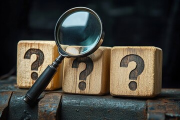 Magnifying glass leaning against wooden blocks each stamped with a question mark symbolizing inquiry and searching for answers