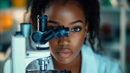 Focused young woman scientist looking through a microscope in a laboratory setting showing determination and curiosity