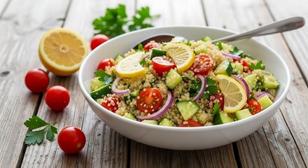 Healthy quinoa salad with fresh vegetables and lemon