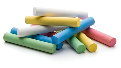 A close-up pile of colorful chalk sticks, arranged randomly on a white surface