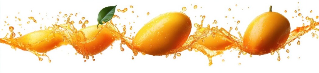 Fresh ripe yellow mangoes splashing through vibrant orange juice with water droplets flying dynamically against a clean white background