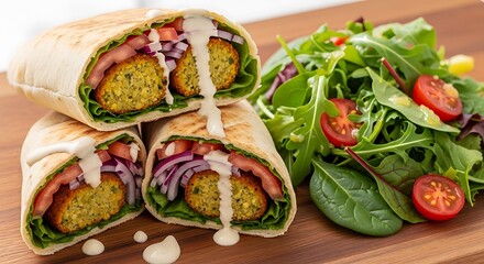 Delicious falafel wraps with fresh green salad and cherry tomatoes