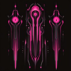 Abstract glowing pink symmetrical shapes with circular and elongated vertical designs on a black background evoking a futuristic and mysterious emotion