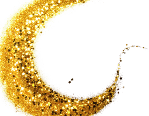 A sparkling golden crescent shape with glittering stars and a wispy trail against a black backdrop