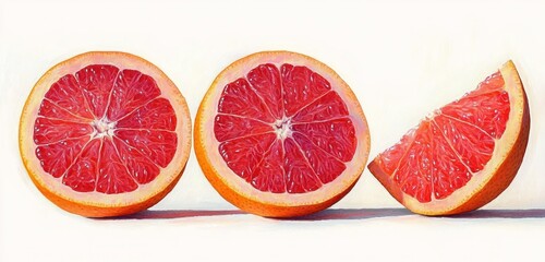 Close-up of two grapefruit halves and one grapefruit wedge arranged on a white surface with detailed juicy red pulp and bright orange rind
