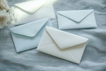 Three closed envelopes in soft blue and white tones placed on textured fabric with white flowers nearby creating a calm and serene mood