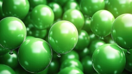 Numerous shiny green balloons clustered closely together creating a festive and vibrant atmosphere