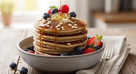 Stack of delicious pancakes with fresh berries and syrup on a rustic table