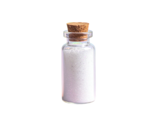 A small glass vial filled with white sparkling granules, sealed with a cork stopper