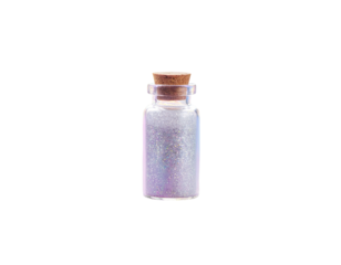 A small glass vial filled with shimmering, iridescent glitter against a stark black background