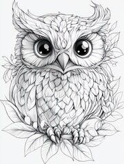 Detailed black and white illustration of a wide-eyed owl surrounded by leaves, featuring intricate feather and leaf patterns with a calm and wise expression