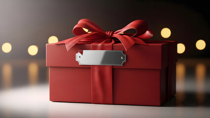 An elegant red gift box tied with a luxurious silk ribbon and bow, featuring a blank silver tag, sitting on a reflective surface with festive bokeh lights